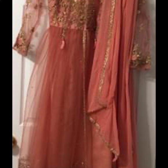Embroidered Net Abaya Style Suit in Dark Peach - Picture 6 of 8